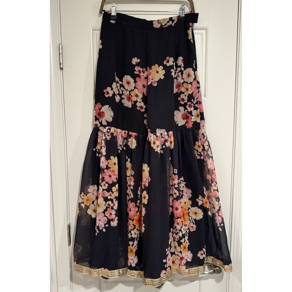 Wide Leg Pants Dark Floral Flower Maximalist Boho Chic Hippie Size M Ruffles
